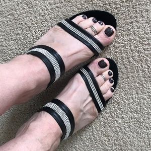 Black Leather & Silver Heel Wedges w/Rhinestones